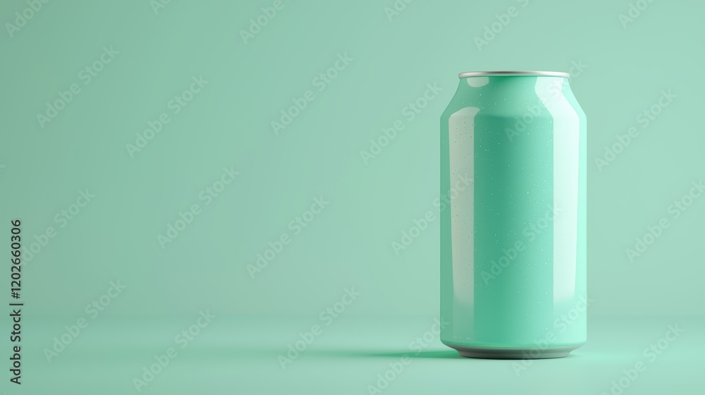A sleek, mint-colored soda can stands against a matching background, showcasing a minimalist design and modern aesthetic as mock-up. A sleek, mint-colored soda can stands against a matching background, showcasing a minimalist design and modern aesthetic as mock-up.