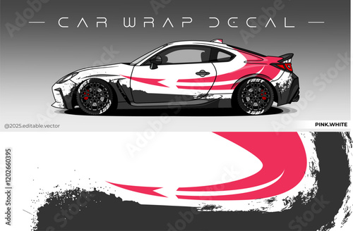 Car Wrap Design. Livery decal car vector with black pink white colour. Sticker full body car suitable for racing, rally and daily use
