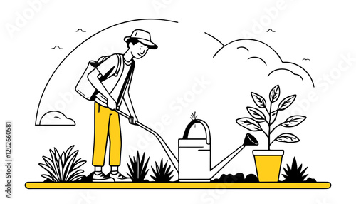 Gardener working in the garden. Vector illustration in flat style