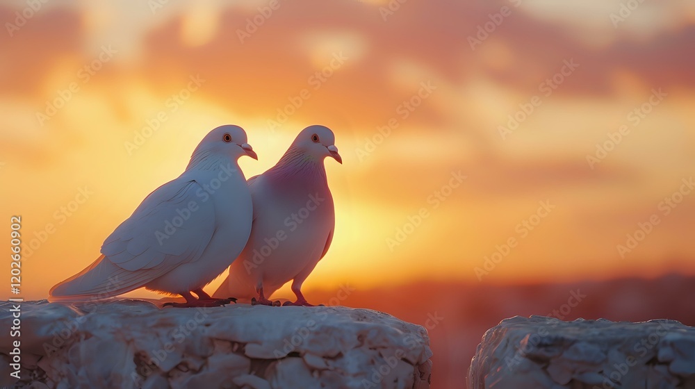 Two white doves perched together on rocky outcrop against dramatic orange sunset sky, perfect for romantic cards, wedding invitations or peace concepts. Two white doves perched together on rocky outcrop against dramatic orange sunset sky, perfect for romantic cards, wedding invitations or peace concepts.
