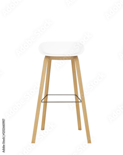 Furniture png isolated, a modern minimalist bar stool with a white curved seat, light wood legs, and a black metal footrest, front view