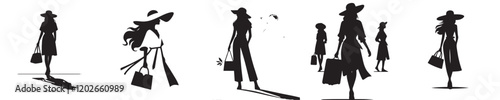 vector collection of silhouetted female models carrying bags and wearing hats