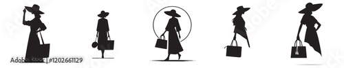 vector collection of silhouetted female models carrying bags and wearing hats