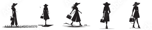 vector collection of silhouetted female models carrying bags and wearing hats