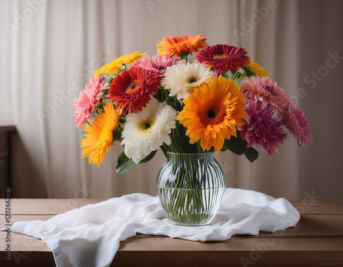 A vibrant bouquet of colorful gerbera daisies in pink, orange, and white is arranged in a clear glass vase on a wooden table beside a white cloth and sheer curtains.