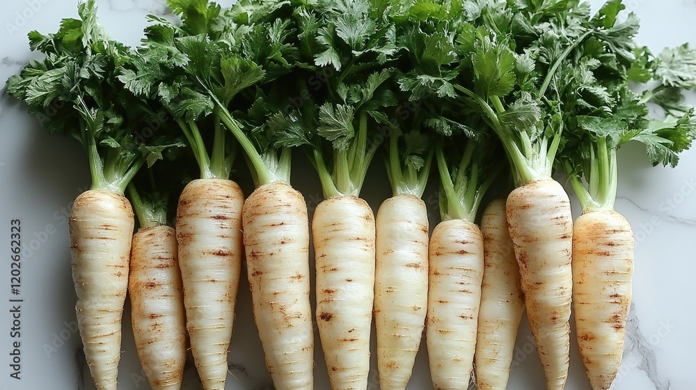 Fresh white radishes with green tops arranged neatly on a surface. Fresh white radishes with green tops arranged neatly on a surface.