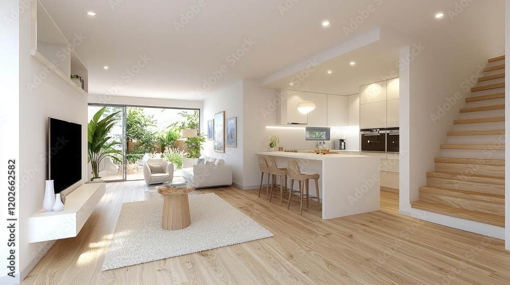 Fototapeta premium Modern open-plan living room design with kitchen, garden view, and wooden stairs