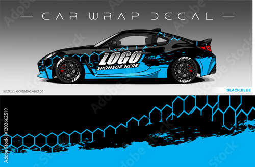 Car Wrap Design. Livery decal car vector with black blue colour. Sticker full body car suitable for racing, rally and daily use
