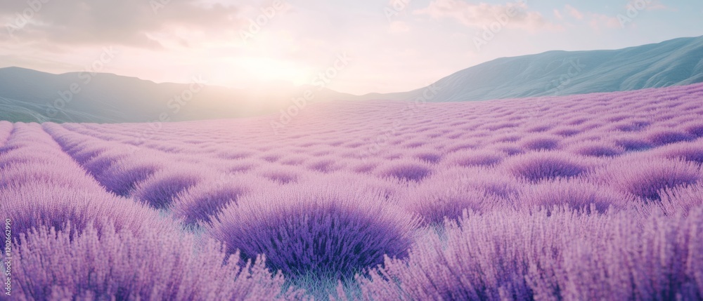 Fototapeta premium Endless lavender fields stretch towards the horizon under a pastel sky, bathed in the soft light of dawn.