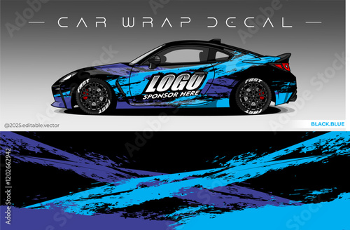 Car Wrap Design. Livery decal car vector with black blue colour. Sticker full body car suitable for racing, rally and daily use