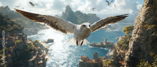 Seagull Flying Over Coastal Town photo