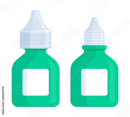 Set of closed and open teal medicine dropper bottles. Health, eye drops, ear drops, and medical product mockup concept. Flat vector illustration isolated on white background with copy space