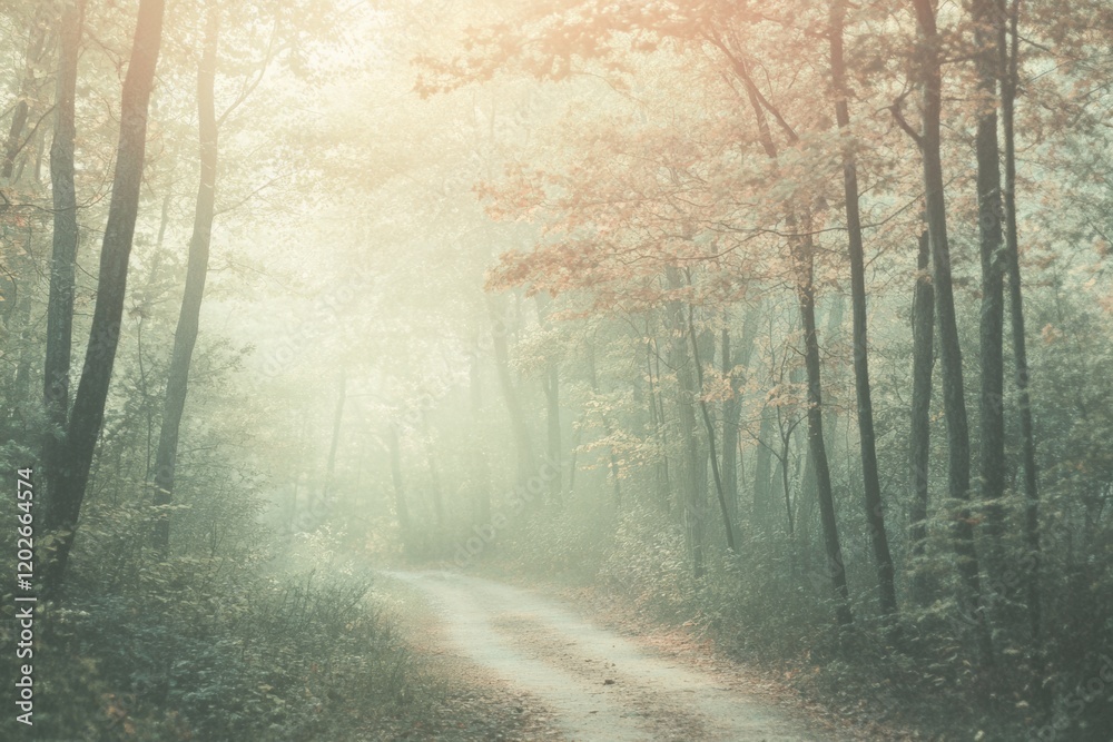 Obraz premium Winding forest trail through tall trees in a misty morning landscape. Generative AI