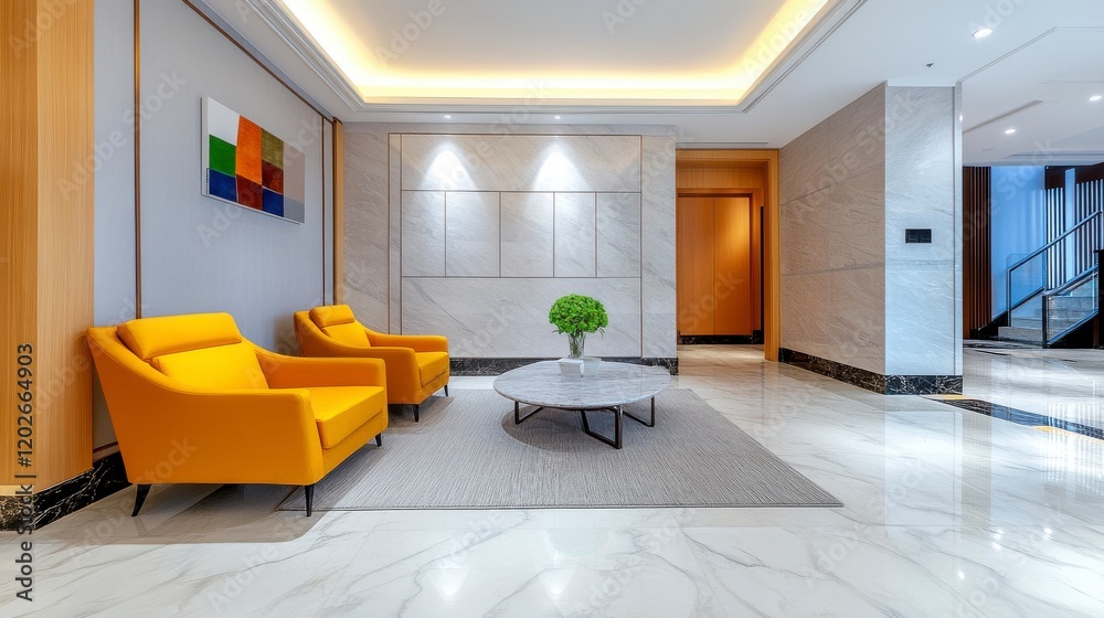 Fototapeta premium Modern Minimalist Interior with Yellow Chairs and Marble Floor Design