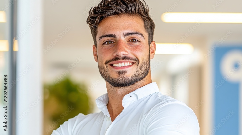 Smiling Businessman in Modern Office Setting with Professional Attire Smiling Businessman in Modern Office Setting with Professional Attire
