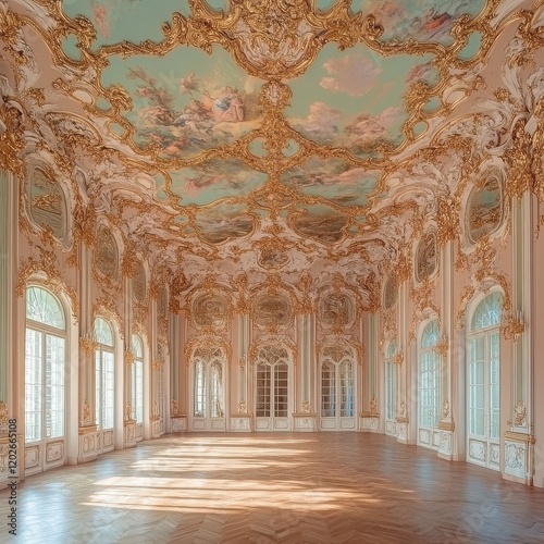 Grand Palace Ballroom: Sunlight streams into a majestic ballroom, its walls adorned with ornate gold detailing and a breathtaking frescoed ceiling. The scene evokes elegance, grandeur.