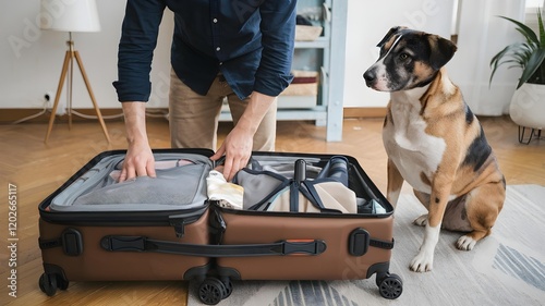 a suitcase packing scene with a person wearing a blue shirt and beige pants packing his brown rolling suitcase.Next to it is a cross-breed dog, with tricolor colors (black, brown and white),