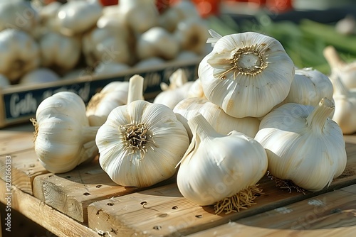 Fresh whole garlic bulbs arranged on rustic wooden surface in natural sunlight, perfect for cooking, food photography, and healthy lifestyle content. Organic farm produce background.
