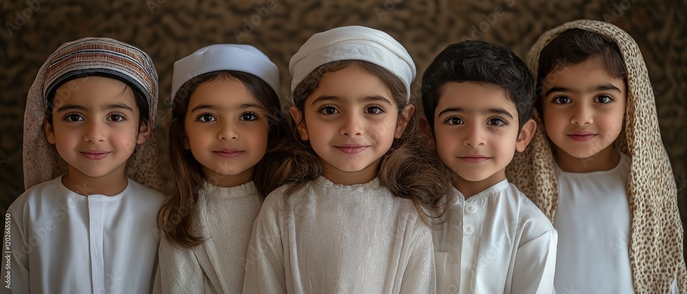 A group of children from the Arab Emirates wearing traditional white Kandura dresses A group of children from the Arab Emirates wearing traditional white Kandura dresses