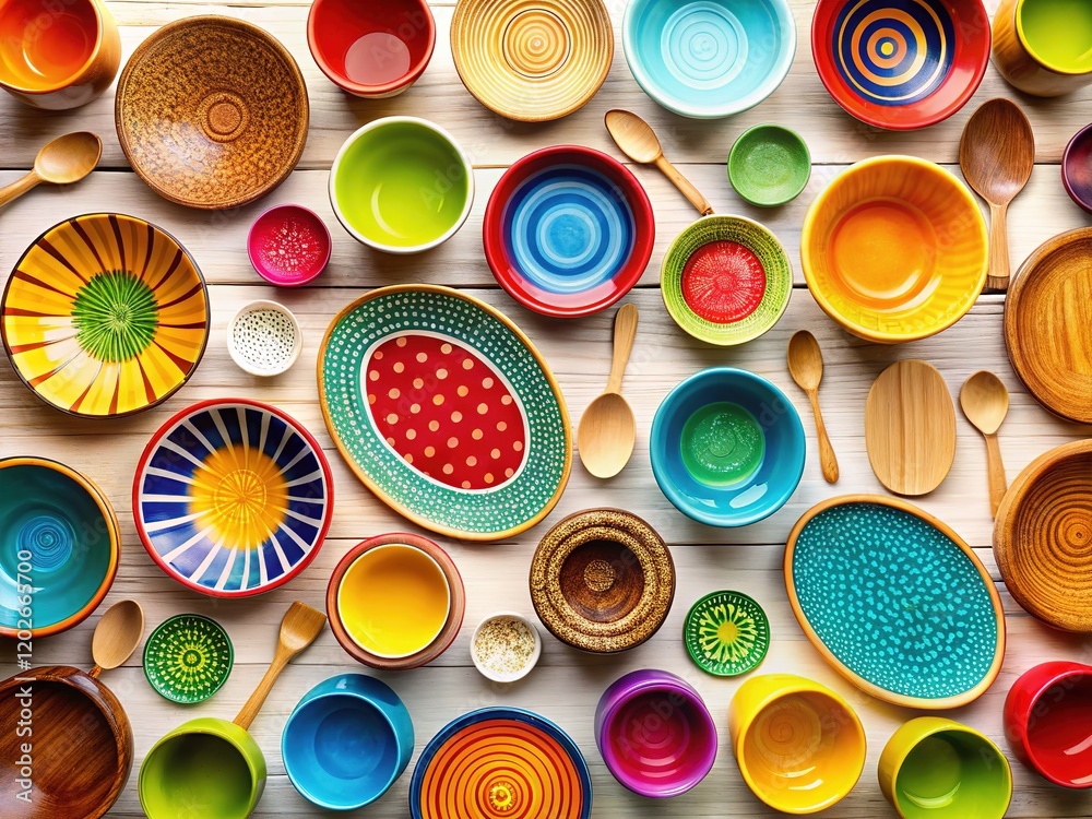 Colorful Wooden Dishware Pattern, Bright Kitchenware Background, Sharp Detailed Images Colorful Wooden Dishware Pattern, Bright Kitchenware Background, Sharp Detailed Images