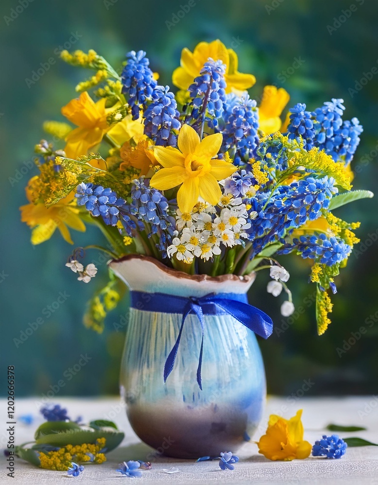 A bouquet of spring blue, yellow flowers in a vase on the table. Pansies, forget-me-nots, primroses, bird cherry, violets, muscari. Postcard, blur, selective focus.