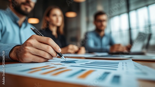 Business professionals in a modern office analyzing financial charts and reports during a strategy meeting. photo