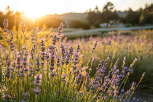 Golden hour sunlight bathes a field of lavender. Perfect for relaxation, nature, and aromatherapy themes.