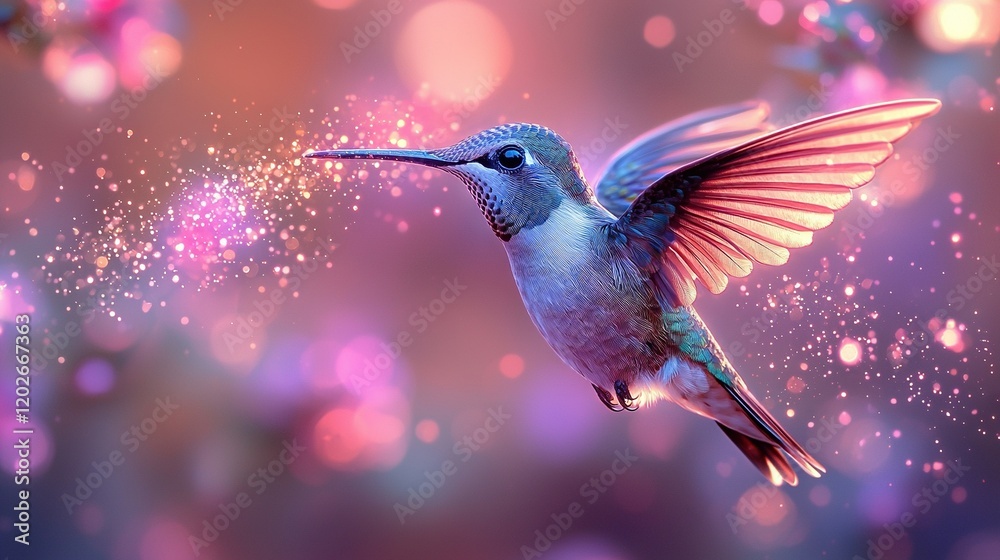 Naklejka premium A hummingbird flies with spread-out wings against a backdrop of pink and blue bouquets