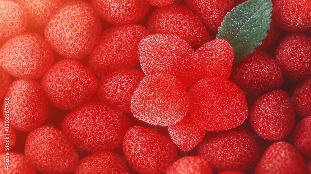Strawberries in close-up, green leaves on top Strawberries in close-up, green leaves on top