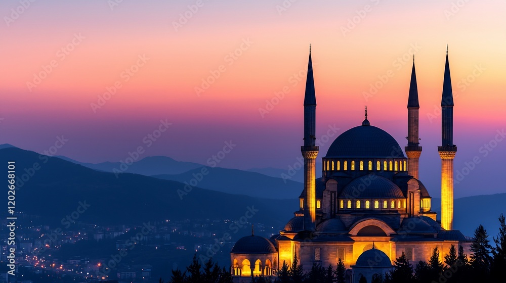Obraz premium Illuminated mosque at sunset, overlooking city and mountains.