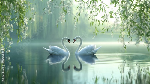 A pair of swans gliding across a tranquil spring pond, framed by budding willow branches swaying in the breeze. photo