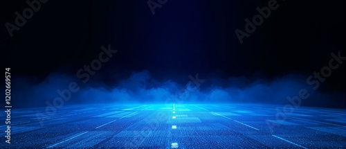 Empty dark studio space,  illuminated by a bright, vivid blue light source centered on the horizon