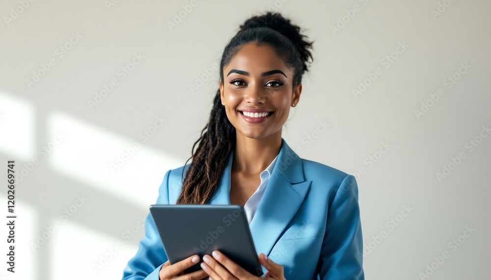Fototapeta premium Smiling Businesswoman Using Tablet - Professional Woman in Blue Suit