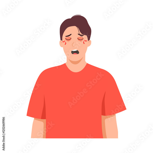 Man rubbing itchy eyelid after infection, resulting in redness and swelling, insect bite. Vector illustration on white background in flat style.