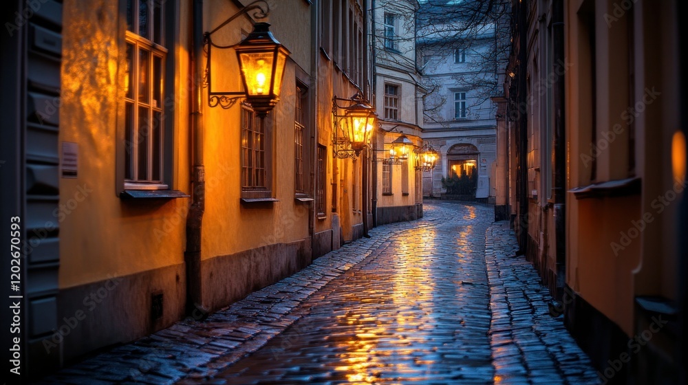 Fototapeta premium Romantic cobblestone alley, gas lamps, twilight, Prague, travel