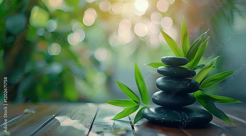 Zen stones pyramid with bamboo leaves on wooden surface against blurred natural bokeh background, perfect for spa, meditation, and wellness designs. Zen stones pyramid with bamboo leaves on wooden surface against blurred natural bokeh background, perfect for spa, meditation, and wellness designs.