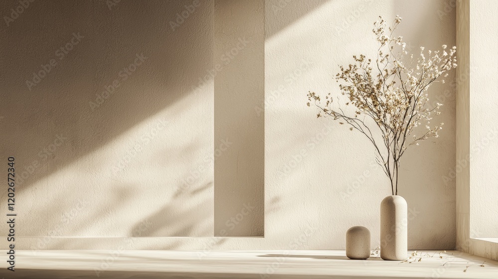 Minimalist decor with soft shadows on a white wall Minimalist decor with soft shadows on a white wall