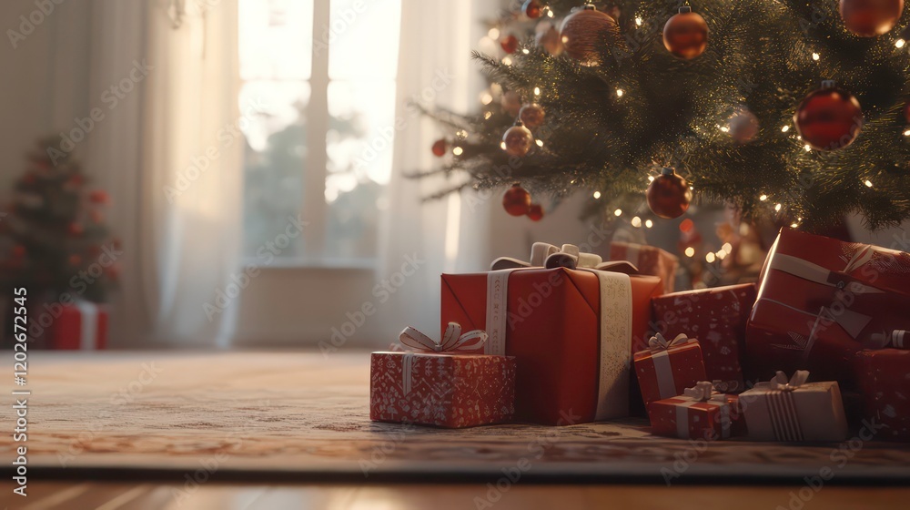 Christmas morning presents under decorated tree by window. Christmas morning presents under decorated tree by window.