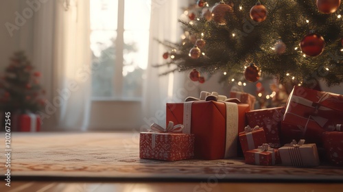 Christmas morning presents under decorated tree by window. photo