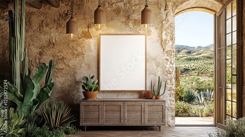 Rustic interior with blank canvas mockup, plants, and arched doorway.