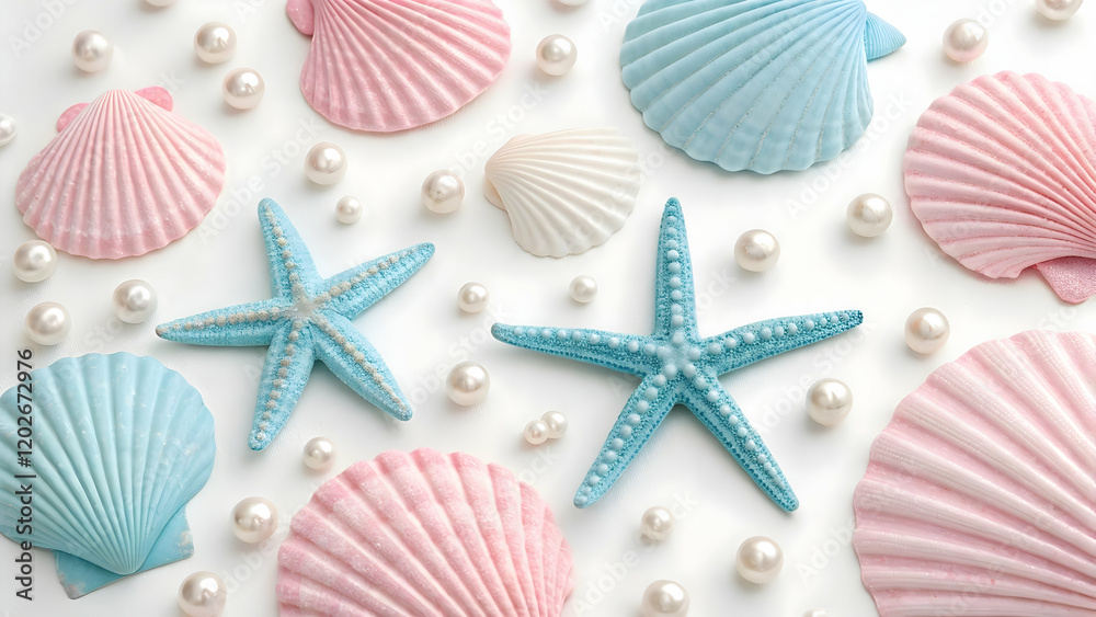 Colorful Sea Shells and Starfish with Pearls on White Background Colorful Sea Shells and Starfish with Pearls on White Background