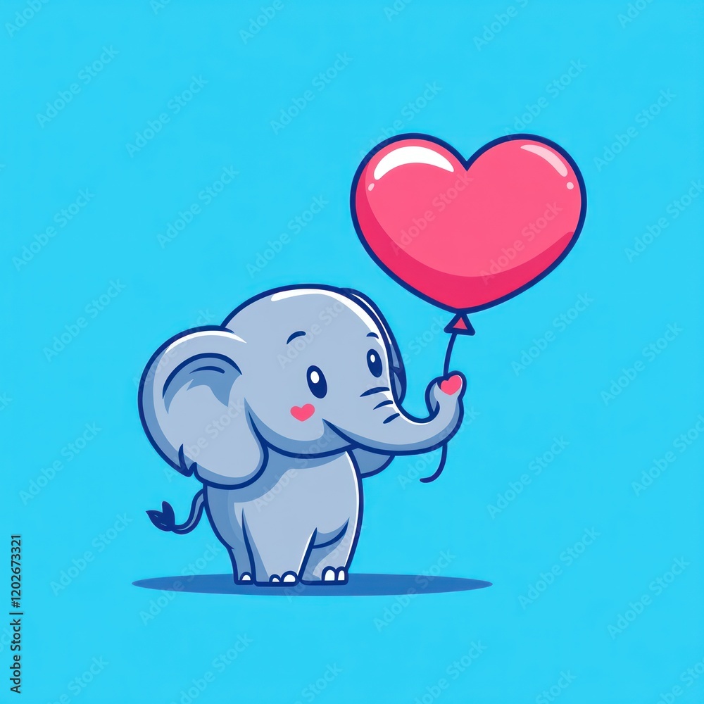 Cute elephant holding heart balloon; blue background; Valentine's Day card Cute elephant holding heart balloon; blue background; Valentine's Day card