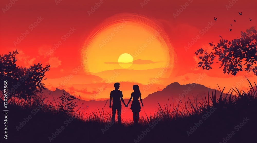 Fototapeta premium Silhouette of couple holding hands at sunset with birds in sky.Togetherness. Love. Peace. Valentine’s Day connection. inspiration, love scene, couple, event invitation, romantic poster.