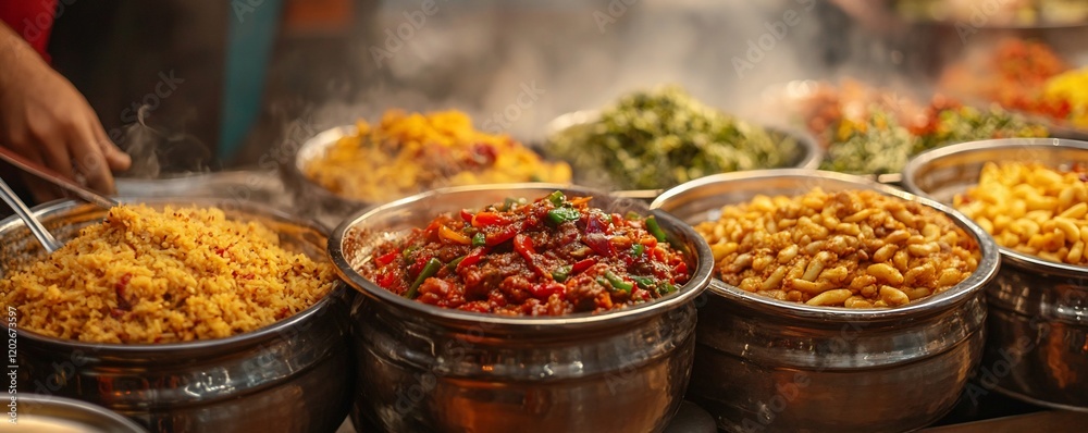 Obraz premium Street food market bustling with steaming bowls of noodles and stir-fries