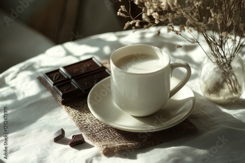 Elegant kitchen table display featuring milk and chocolate treats for a cozy atmosphere photo