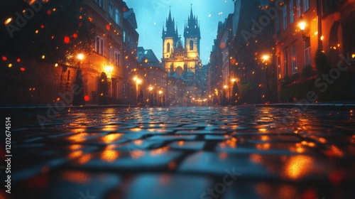 Rainy Prague street, church backdrop, falling lights, travel poster photo