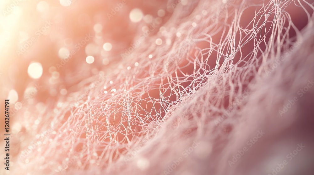 Fototapeta premium 30.A conceptual 3D image of a magnified skin layer with collagen and elastin fibers visualized in intricate detail. The fibers glow softly, representing their vital role in maintaining skin firmness