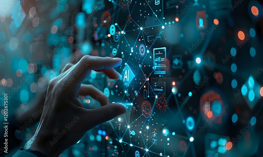 Futuristic hand gesture interacting with digital AI interface visualization, perfect for technology, innovation, and artificial intelligence concepts in business presentations. Futuristic hand gesture interacting with digital AI interface visualization, perfect for technology, innovation, and artificial intelligence concepts in business presentations.