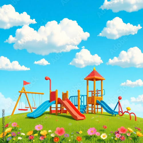 AI generative. 3d cartoon illustration, colorful of kids playground outdoor activity for infographic. 96