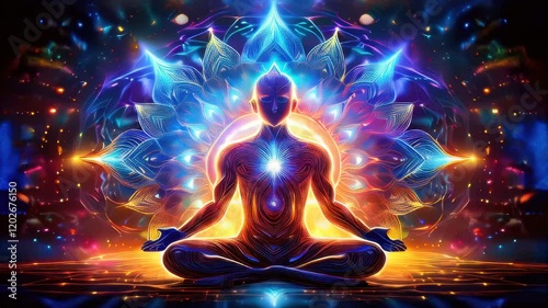 Image of a man meditating in a lotus position with a glowing background